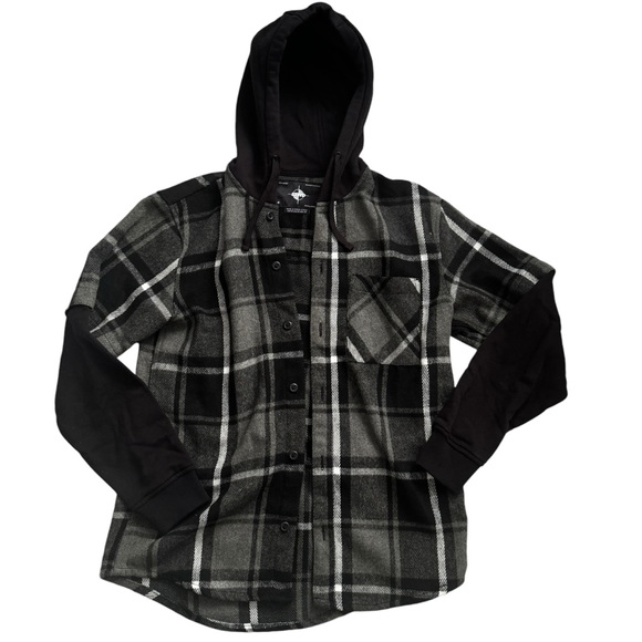 Pull&Bear 'Don't Say Goodbye' Hooded Flannel Jacket - Black/Gray Plaid - Size M - Picture 5 of 9